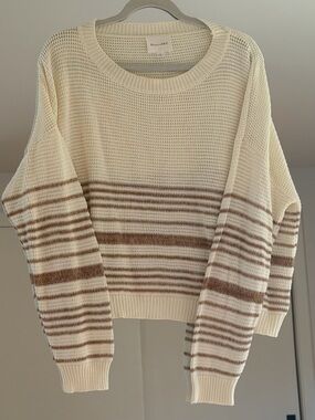 Waffle-Knit Cream Sweater with Brown Stripe - Women